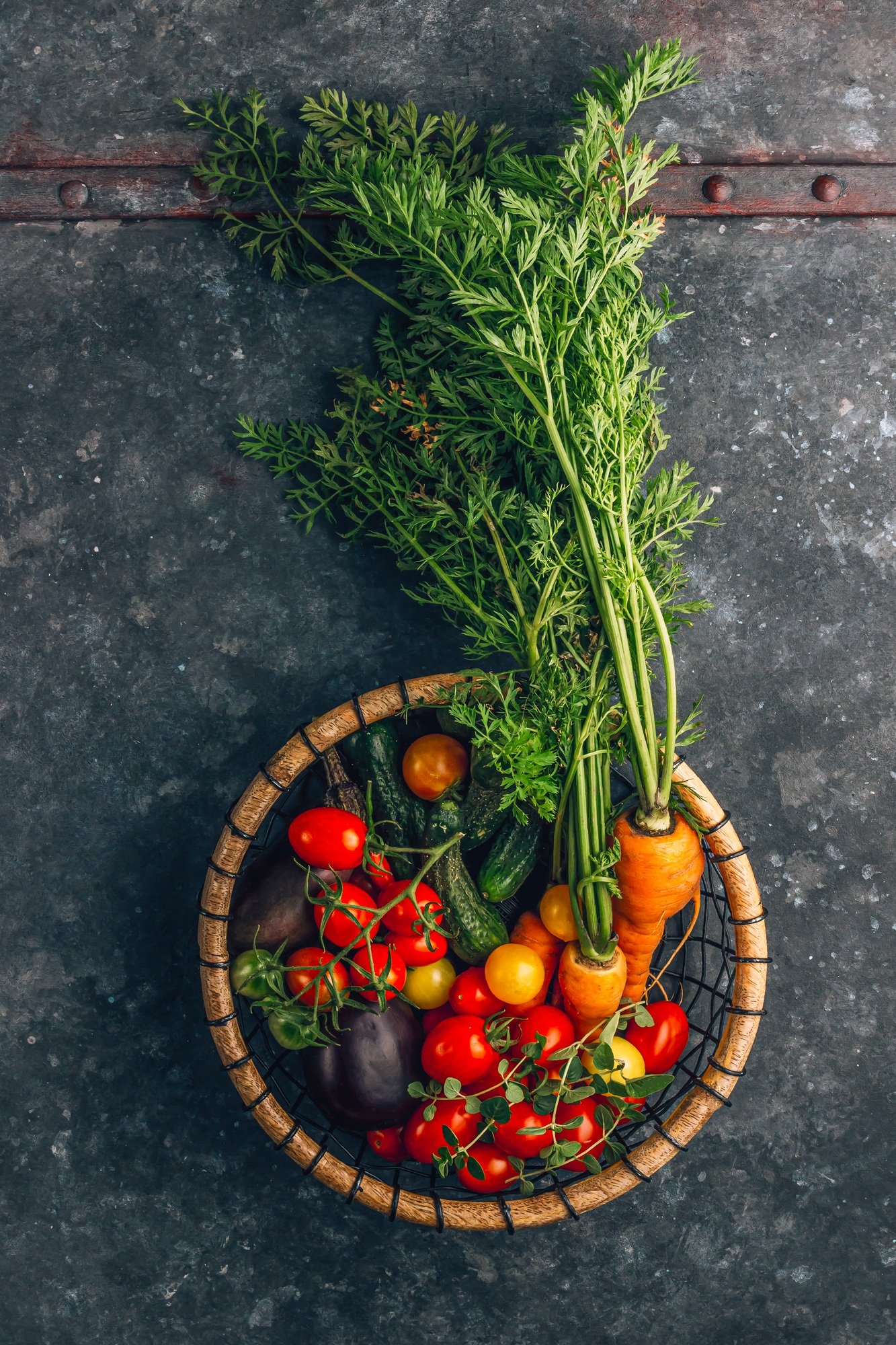 Petite Veggie Bounty. Mini-vegetables, fresh carrots, cherry tomatoes, tiny cucumbers, eggplants