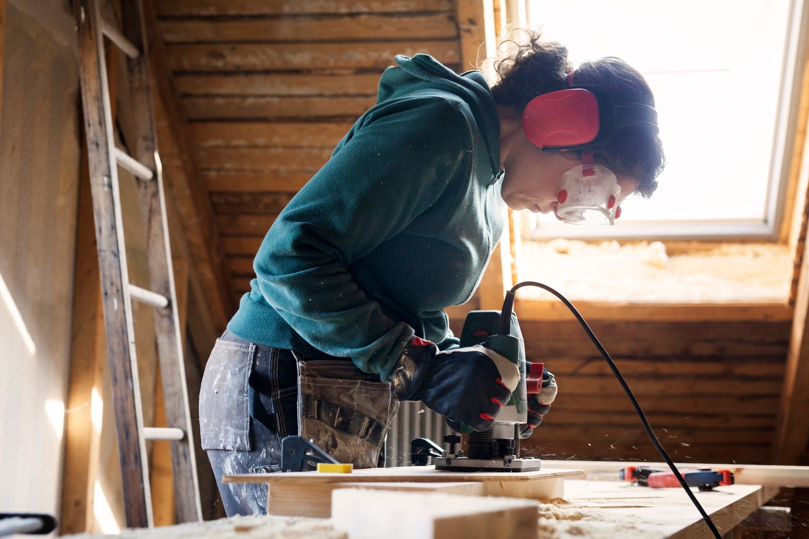 Woman using power tool while renovating old attic