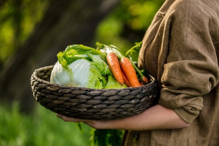 woman with apple and vegetable basket